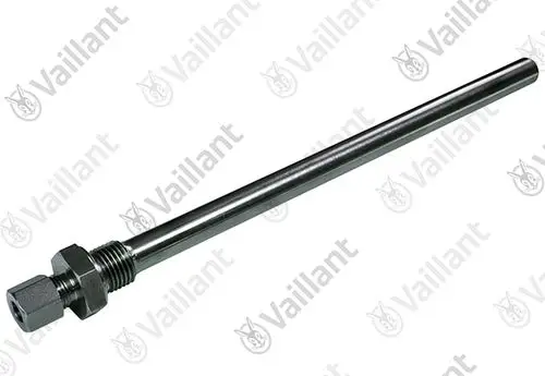 Vaillant-Befestigungselement mit einem langen, geraden, metallischen Stahlrohr und einer Mutter, die eine Gewindeverbindung aufweist.